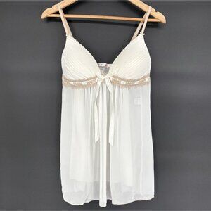Linea Donatella Women's Sheer Babydoll Lingerie L Ivory Lace Trim Chemise